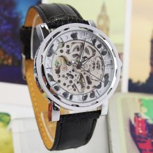 Men Full Silver Skeleton Dial Black Leather Automatic Mechanical Wrist Watch Hot