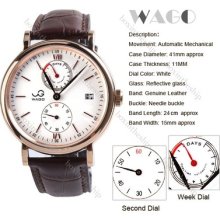 Men Golden Case Hollow White Dial Real Leather Date Auto Mechanical Wrist Watch