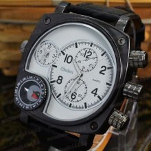 Men Sport Quartz Analog Black Leather Dual Time Zone Wrist Watch Big Dial