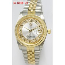 Men Watch Roman Number White Dial Gold Bezel Crown Reginald Stainles