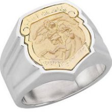 Mens 0.925 Sterling Silver & 14k Yellow Gold Saint St. Michael Badge Police Ring