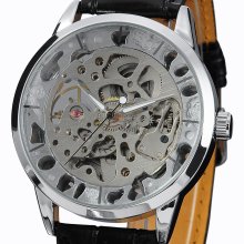 Mens Army Silver/gold Skeleton Dial Mechanical Leather Sport Analog Wrist Watch