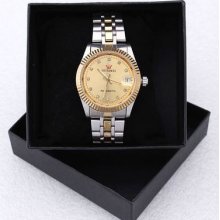 Mens Date Display Golden Case&dial Silver Stainless Steel Mechanical Watch
