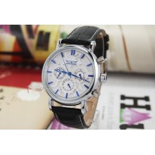 Mens Deluxe Silver Dial Crystal 6 Blue Hands Automatic Wrist Watch Black Leather