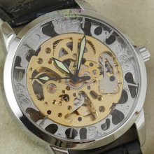 Mens Golden Skeleton Automatic Mechanical Wrist Watch Self Wind