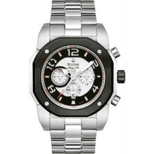Men's Marine Star Chronograph Black Bezel Silver Tone Dial Link Bracelet