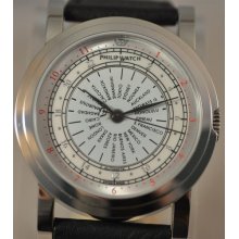 Mens Philip Watch Wisdom Gmt World Timer Automatic Leather Swiss Watch