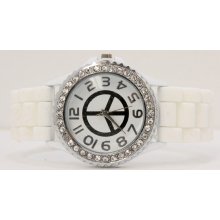 Mens Womens Large Geneva Silicone Peace Sign Watch With Crystals Designer Bling