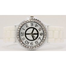 Mens Womens Large Geneva Silicone Peace Sign Watch With Crystals Designer Bling