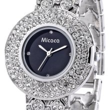 Micaca Silver Crystal Lady Women Charm Black Dial Dress Bracelet Quartz Watch