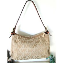 Michael Kors Shoulder Baguette Canvas Bag W/ Adjustable Leather Shoulder Strap