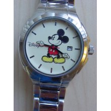 Mickey Mouse Men's Collectible Date Watch Silvertone Bracelet Mint Hard To Find