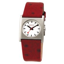 Mondaine Ladies Evo Cube, Stainless Steel Case, Red Leather Strap