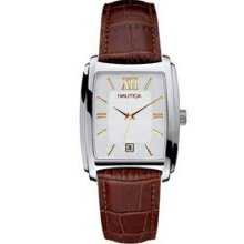 Nautica Men`s Brown Croc Strap Watch W/ Rectangle White Dial & Gold Indices