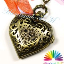 Necklace Pendant Bronze Heart Pocket Watch Quartz For Gift Chain Wp082