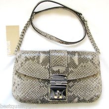 New-michael Kors Jenna Angora/sand Python Leather+silver Clutch Shoulder Bag