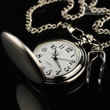 New White Dial Silver Mens Quartz Pocket Watch W Chain 90