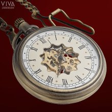 Nostalgic Aged Dail Roman Numerals Fancy Skeleton Hollow Mechanical Pocket Watch