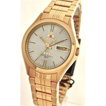 Orient Automatic Mens Watch Day/date Gold Tone Band/gray Dial