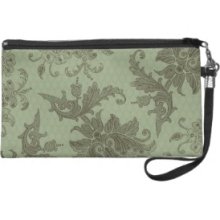 ornate green floral damask lattice Wristlet Purse