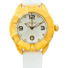Oskar Emil Celine Gold Ip Plated Watch For Ladies With Crystals Silver Dial Analogue Display And White Leather Strap Celine G