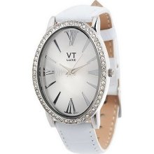 Oval Face Pave Case Watch with Leather Croco Strap by VT Luxe - White - One Size