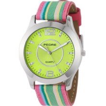 Pedre 0090Snx Pink Striped Women'S 0090Snx Pink Striped Grosgrain Strap Silver-Tone Watch