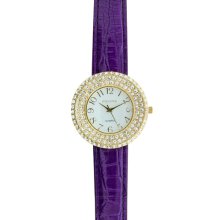 Pedre Watch with Austrian Crystals and Glossy Purple Croco-grain Leather Strap