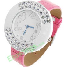 Pink Leather Band Dial + Man-made Crystal Ladies Wristwatches