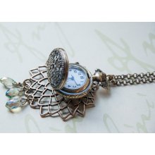 Pocket Watch Necklace - Antique Brass Floral Filigree, Flower Charm, Green & Blue Iridescent Dangles