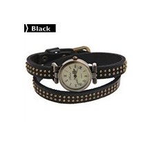Pu Leather Quartz Analog Wrist Bracelet Watch Bangle Wristlet With Rivet Black