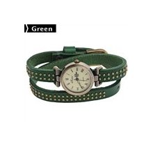 Pu Leather Quartz Analog Wrist Bracelet Watch Bangle Wristlet With Rivet Green