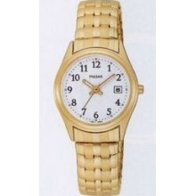 Pulsar Ladies` Goldtone Expansion Watch W/ Round White Dial