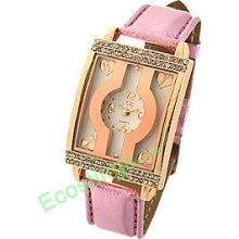 Purple Leather Watchband Rectangle Golden Watch Case Ladies' Wrist Watch