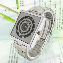Quartz Stainless Steel Square Unisex Wrist Watch Black Rotating Disc Dial M655b