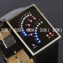 Red Blue Am Led Date Digital Quartz Unisex Wrist Leather Strap Watch S46