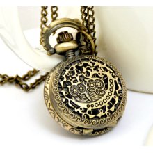 Retro Vintage Stylish Carvings Owl Bronze Quartz Pocket Watch Necklace Steampunk