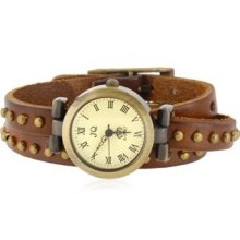 Rivet Decorated Three-Loops Cowhide Bracelet Analog Watch (Brown)