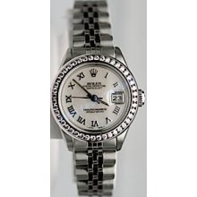Rolex Ladies Steel Datejust Jubilee Band Fully Serviced/Polised with Custom: 1.4ct Diamond Bezel and MOP Roman Dial - 80's
