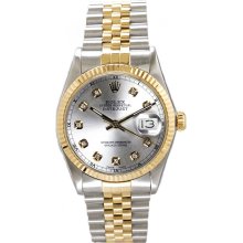 Rolex Men's Datejust Two Tone Fluted Custom Silver Diamond Dial