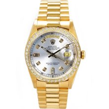 Rolex Men's President Yellow Gold Custom Diamond Bezel & Silver Diamond Dial