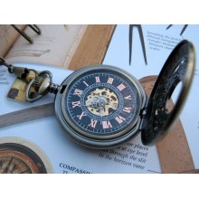 Roman Pocket Watch, Antique Bronze Filigree Pocket Watch with Pocket Watch Chain - Watch - Groom - Groomsmen - Steampunk - Men - Item MPW41