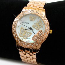 Rose/gold 3d Butterfly Dial Crystal Bezel Geneva Women's Watch