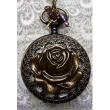 Rose watch pendant, pocket watch with bronze rose, purple glass beads, and bronze steampunk key charm
