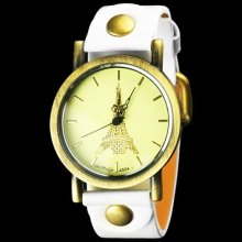 Round Beige Dial White PU Leather Strap Analog Watch for Women - White - Leather