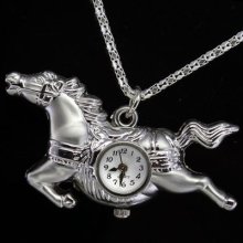 Running Horse Necklace Pocket Watch / Pendant Key Chain & Sparkling Chain