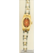 Seiko 17J vintage ladies' mechanical wrist watch, heavy gold-toned & stainless steel rectangular case, red-brown sunburst pattern dial