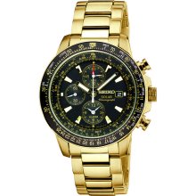 Seiko Mens Gold Tone Solar Flight Quartz Alarm Chronograph Watch