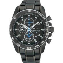 Seiko Sportura Alarm Chronograph Black Stainless Steel Mens Watch Snae77