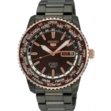 Seiko SRP132 Mens Black Stainless Steel Automatic Rose Two Tone Brown Dial World Time Bezel